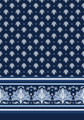 Boho damask elements with dots seamless repeat pattern with striped border print. Vector, traditional ethno elements all over print with floral paisley bottom frame in blue and white.
