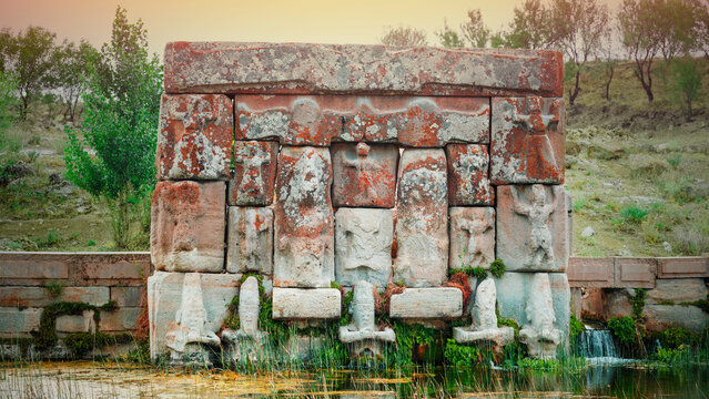 Turkey. The Hittite spring sanctuary of Eflatun Pinar lies about 100 kilometres west of Konya close to the lake of Beysehir in a hilly, quite arid landscape.