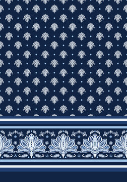 Boho damask elements with dots seamless repeat pattern with striped border print. Vector, traditional ethno elements all over print with floral paisley bottom frame in blue and white.