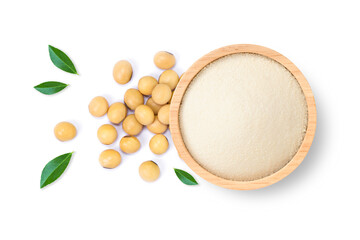 Soy protein powder or soya flour in wooden bowl and soybeans isolated on white background, Top...