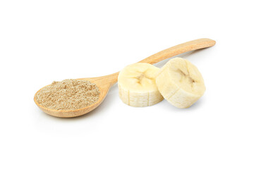 Banana flour (banana protein powder) in wooden spoon with fresh fruit isolated on white background. 