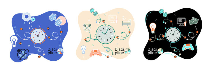Discipline concept icon. Time management. Working day idea metaphor. Daily affairs of person, indicators of time for work, hobby, study, rest. Fulfillment of planned plans according to regulations
