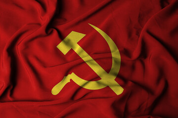 Big wavy communist flag on red background textile fabric. illustration of waving the flag. selective focus - obrazy, fototapety, plakaty