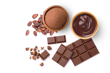 Dark chocolate cream and cocoa powder in wooden bowl with cacao beans isolated on white background....