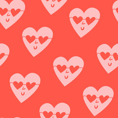 Seamless pattern with hearts. Pink heart with heart glasses. Cute funny face. Vector background for valentine's day