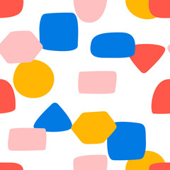 Cute seamless pattern with colorful geometric shapes. Childish cutouts in flat style. Vector background with abstract shapes