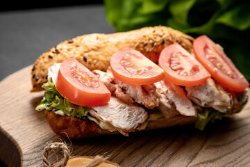 sandwich with minced meat, with herbs and tomatoes. on a dark background