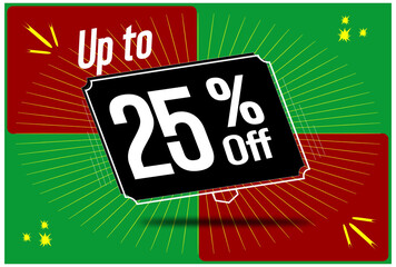 Fototapeta premium -25 percent discount. 25% discount. Up to 25%. Green banner with floating balloon for promotions and offers. Up to. High Resolution