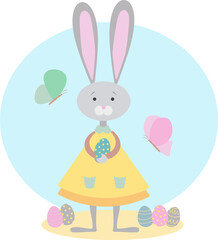 Vector illustration of a cute little rabbit in a dress holding Easter eggs in his hands. Easter bunny and butterflies