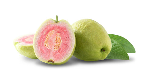 Beautiful red guava with fresh green leaves isolated on white background.