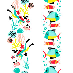 Marine Life Scuba Diving Vector Seamless Vertical Borders Set
