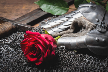 Red rose flower in the knight armor glove close up. Medieval romance concept.