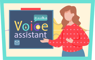 Voice assistant software agent perform tasks for user. Speaker recognition, vote controlled smart speaker. Woman voice activated digital assistants, identification. Virtual assistant, sound robot