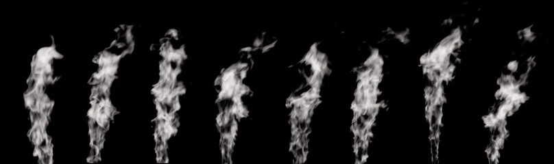 A set of jets of steam or abstract white smog of various shapes rising above. Isolated on black background.