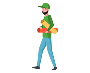 Bearded man carries large format sheets of colored paper vector illustration. Printing worker holds rolls of paper material. Male character with colored whatmans isolated on white background