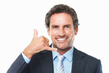 Call me. Closeup of smiling middle aged business man showing call me sign.