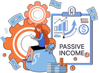 Passive income, interest on deposits, dividends, investing, online monetization. Getting profit, money from investments. Idea of financial growth and business development, successful investor