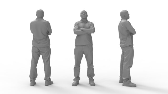 3D rendering of a casual man front side and back view. Arms crossed Computer render model isolated silhouette.