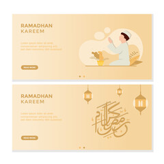 Happy Ramadan Mubarak with people characters for templates, banners. Vector illustration of a flat design Eid al-Fitr or Adha Islam.