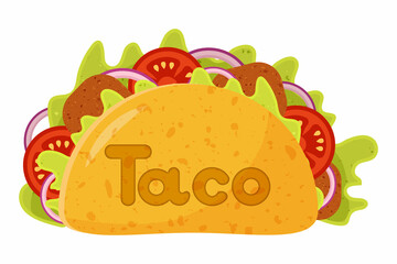 Tacos with meat and vegetable. Traditional mexican fast-food. Taco Mexico food with tortilla, leaves lettuce, tomato, forcemeat, bow.