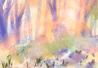 Digital landscape spring ,soft sunny forest background art Illustration 