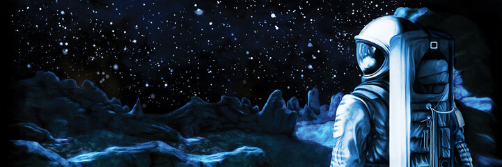 Astronaut on a strange planet / Illustration a person in a spacesuit, looking at planet landscape. Starry space in the background. Horizontal banner, digital painting
