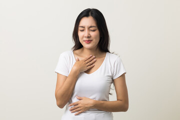 Women have throat irritation, mucus and coughing. Fever headache respiratory tract infection. Female unhealthy Sickness need to consult a doctor and get treatment. On isolated white background.