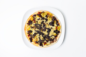Top view of homemade vegan pizza on white background.