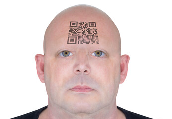 Futuristic rendering of a man's face with a QR code on his forehead. Conceptual image of control of the population. The QR code contains the text "Generic QRCode"