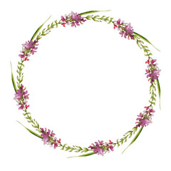 Original round frame, a wreath in the Provence style of lavender flowers. There is a place for your text. The watercolor illustration is made by hand