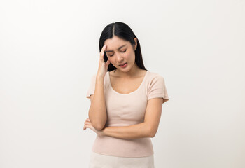 Young asian beautiful woman hand touching head she's feeling depressed stress headache be tired...