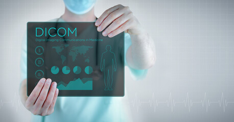 DICOM (Digital Imaging Communications in Medicine). Doctor holding virtual letter with text and an interface. Medicine in the future - obrazy, fototapety, plakaty