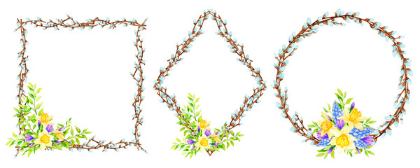 Frames made of willow branches  with colorful Easter eggs. Natural decoration. Design for greeting cards, invitations, labels, posters, textiles with place for text..