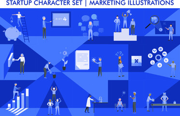 Startup Character Set Marketing Illustration Blue Color Gallery Business Development Graphic Elements Innovative Product Or Service Business Model