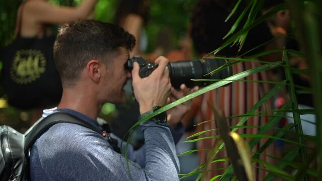 Tourist photographer lines up a shot through the jungle foliage - slow motion
