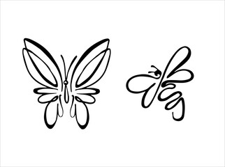 Butterfly and bee. Black line doodle tatoo or logo. Vector outline illustration. Nature monochrome line art design. Hand drawn simple linear art