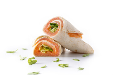 Salmon wrap sandwich roll with cheese and vegetables isolated on white background