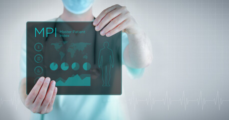 MPI (Master Patient Index). Doctor holding virtual letter with text and an interface. Medicine in...