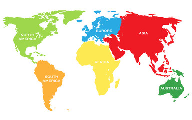 Fototapeta na wymiar Colorful political map of World. Different colour shade of each continent.Simple flat vector map.