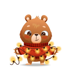 Baby bear in a red sweater is wrapped in a garland with yellow lights. Drawn in cartoon style. Vector illustration for designs, prints and patterns. Isolated on white background