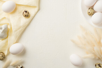 Top view photo of easter decorations lagurus flowers ceramic easter bunny eggs plate and linen on isolated white background with blank space