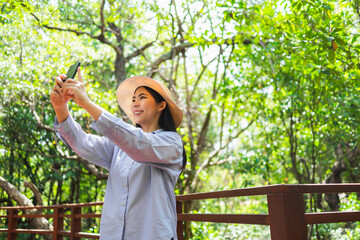 Asian woman travel using cell phone taking video and photo in nature with sunlight. Traveller blogger in mangrove forest. Rest on vacation holiday weekend. Beautiful female with hat and blue shirt