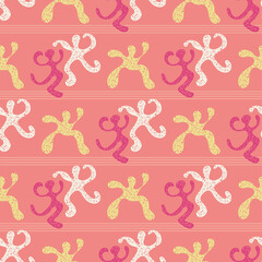 Funky dancing people vector pattern background. Fun backdrop of abstract dance figures with musical notes texture. Pink, yellow, white repeat. hand drawn all over print for summer, music festival