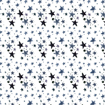watercolor srars pattern. Night sky blue seamless background
