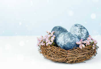 Easter eggs and spring flowers in a nest on a light blue background
