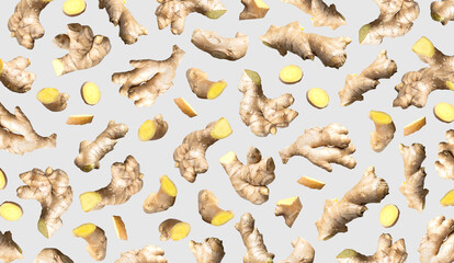 Pattern from fresh ginger root isolated on gray background. Natural organic ginger for health, medicine protection against colds. Abstract ginger background. Spice for cooking ginger to boost immunity