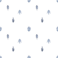 Watercolor green trees seamless pattern on white background. Design for Happy New Year and Christmas print, wallpaper, textile. primitive naive