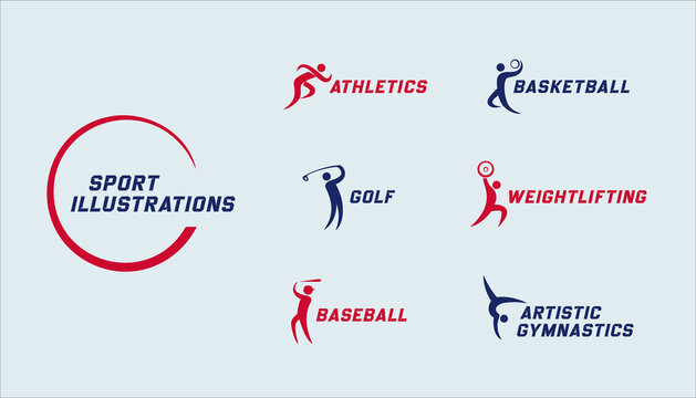 Sport logos set. Golf, basketball, athletics, weightlifting, baseball, artistic gymnastics vector illustrations