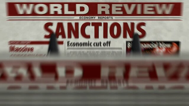 Sanctions, economy blockade, politics and embargo news daily newspaper report printing. Abstract concept retro 3d rendering seamless looped.