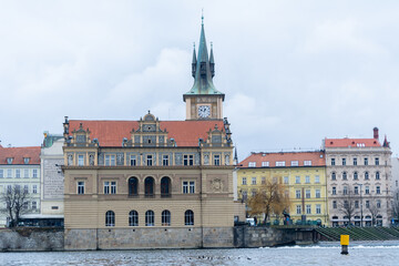 Historic grain mills next to the famous Charles Bridge in the center of Prague